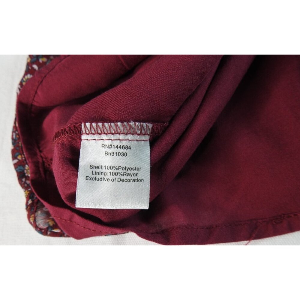 Blush Noir Women’s Floral Sheer Lined Ruffle Blouse Sz Large Burgundy Neck Bib - Picture 8 of 12